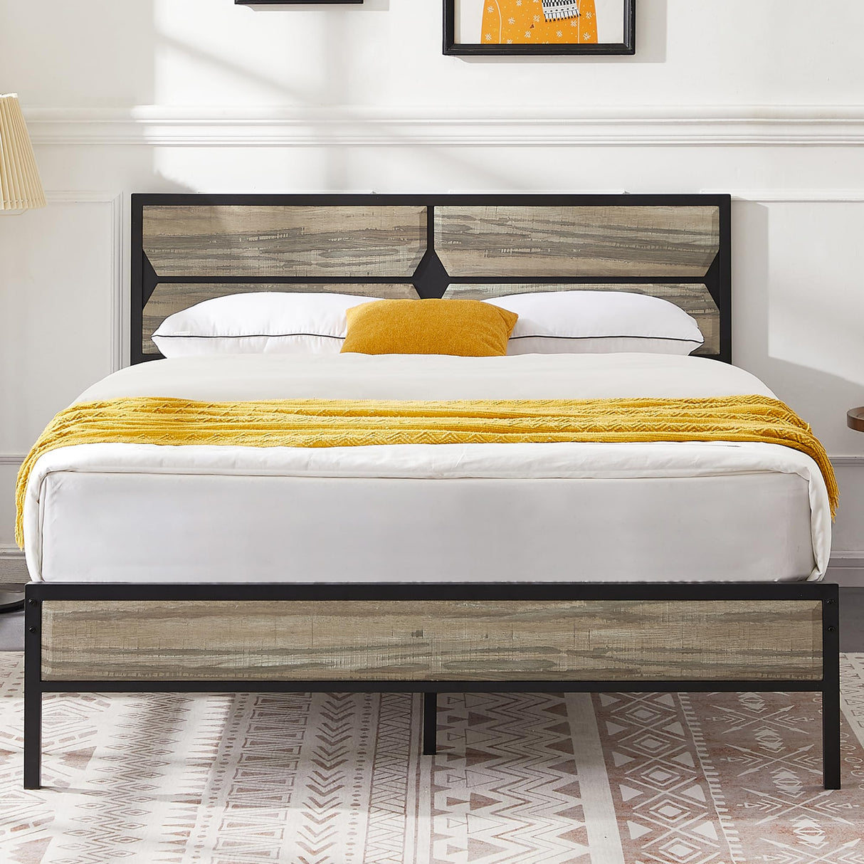 Full Size Platform Bed Frame with Wood Headboard/Mattress Foundation/Premium Steel Slats Support/