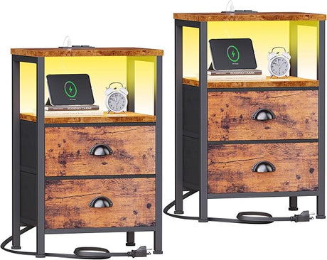 Nightstand with Charging Station, End Table with LED Lights, Bedside Table with Fabric