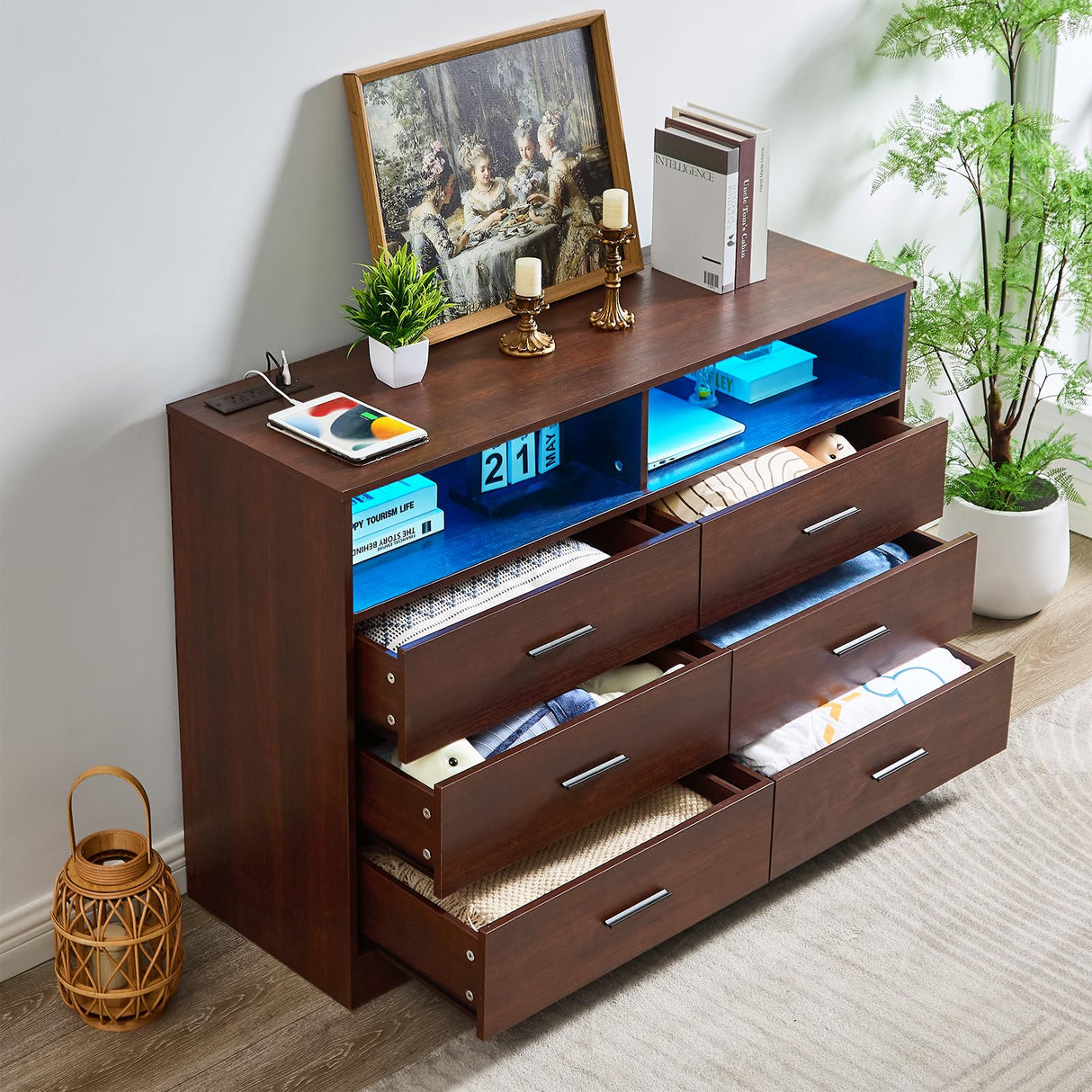 Cherry Dresser for Bedroom Wooden, 6 Drawer Dresser with Charging Station and LED