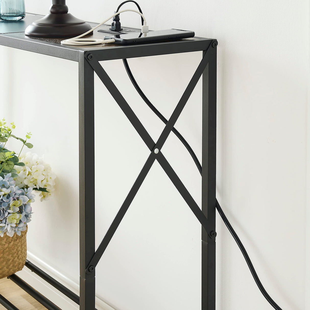 Console Table with Charging Station, 41.8" Entryway Table with Shelves, 2-Tier Narrow Sofa Table, Long Behind Couch Table,