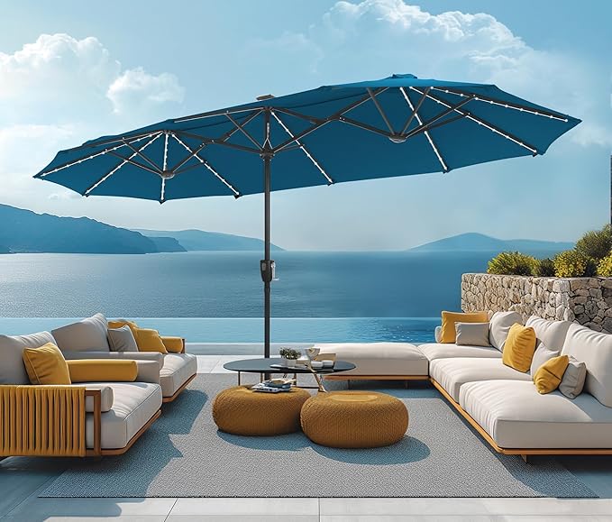Double-Sided Patio Umbrella with Solar Lights, Outdoor Table Rectangular Umbrellas