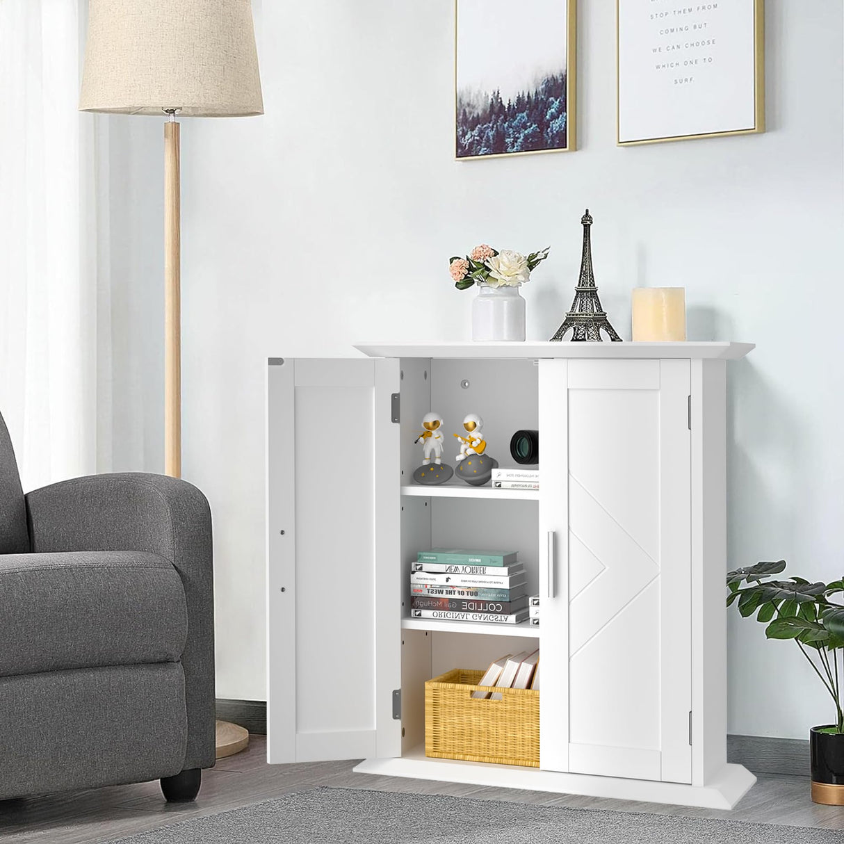 Bathroom Floor Cabinet Freestanding Storage with Double Doors and 2-Tier Adjustable Shelves