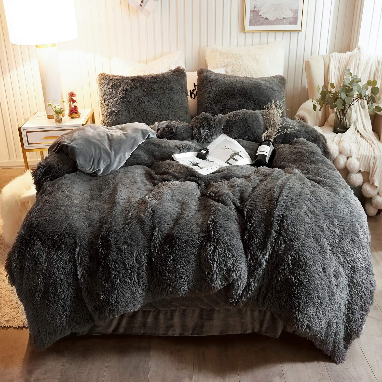 Plush Shaggy Duvet Cover Set, Luxury Ultra Soft Crystal Velvet Fluffy Bedding Sets 3 Pieces