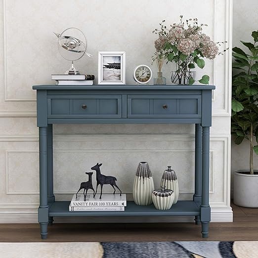 Navy Daisy Series Entryway Table with Storage Drawers and Bottom Shelf, 1 Set