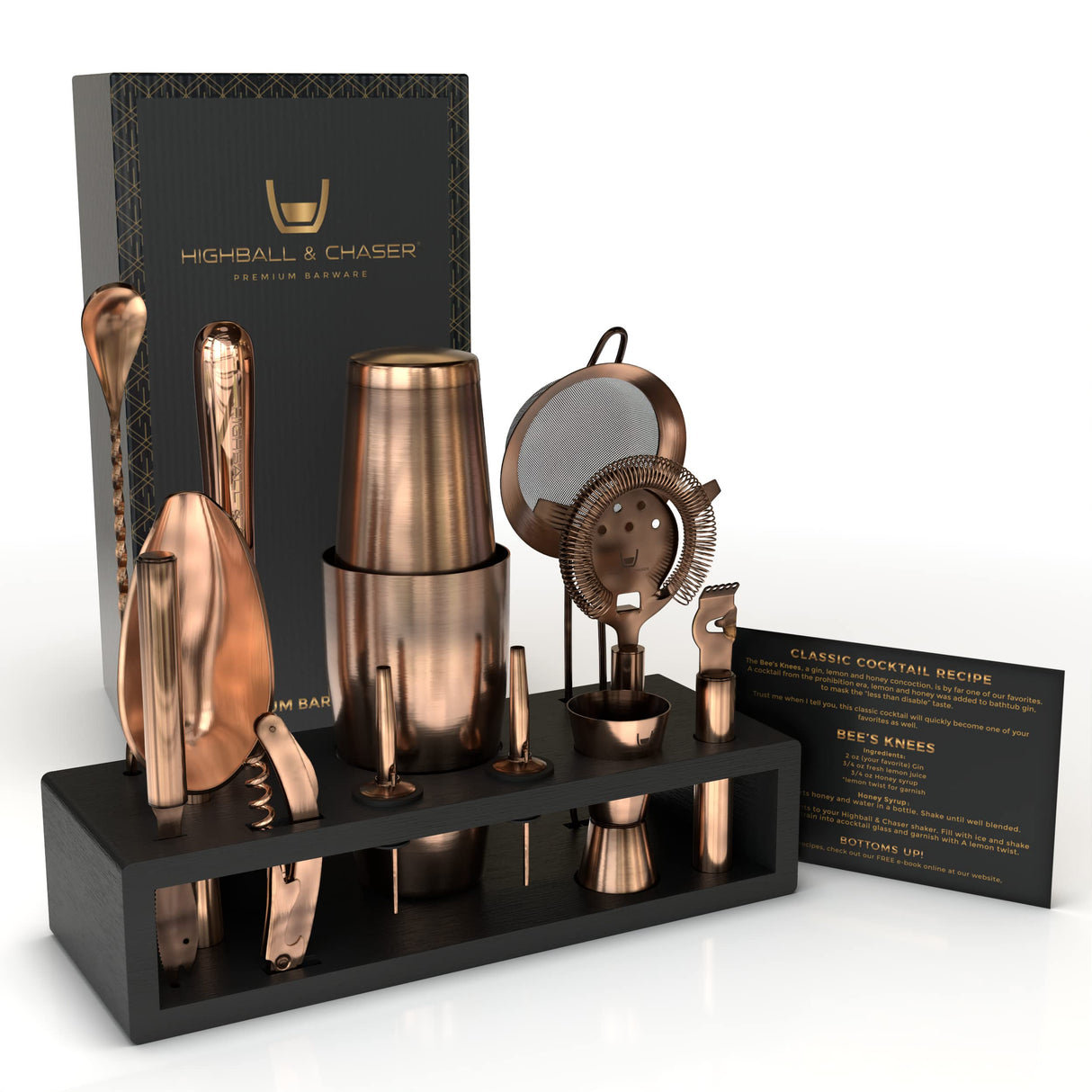 Bartender Kit with Black Bamboo Stand Beautiful Cocktail Shaker Set and Bar Tools
