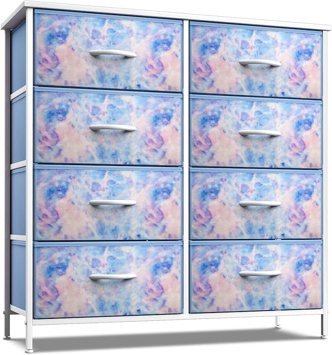 Kids Dresser with 8 Drawers - Storage Chest Organizer Unit Nightstand - Steel Frame, Wood Top, Tie-Dye Fabric Bins for Clothes - Wide Furniture for Bedroom