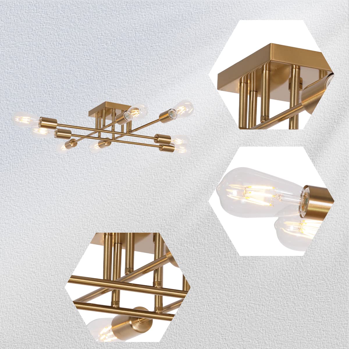 Modern Ceiling Light Brushed Brass 8 Light Mid Century Sputnik Chandelier Semi Flush