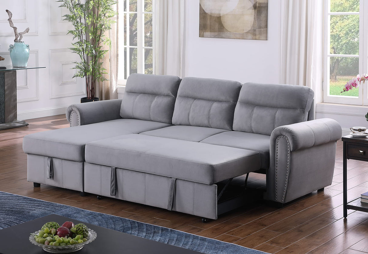 Ashton Gray Velvet Fabric Reversible Sleeper Sectional Sofa Chaise