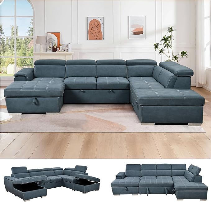 98'' Microfiber L-Shape Sectional Sleeper Couch with Pull-Out Bed, 4-Seater Sofa
