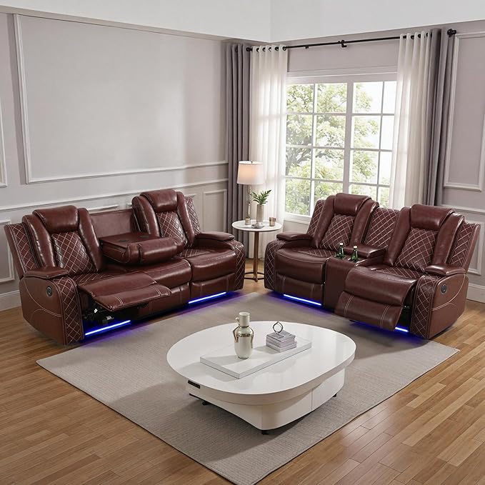 Power Recliner Sofa Sets for Living Room, Leather Recliner Sofa Set with LED Light