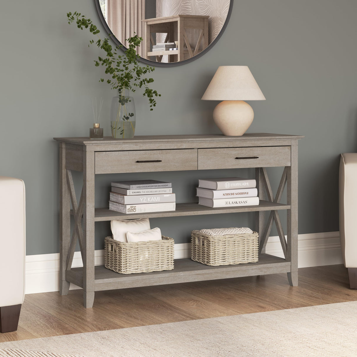 Key West Console Table with Drawers and Shelves in Washed Gray