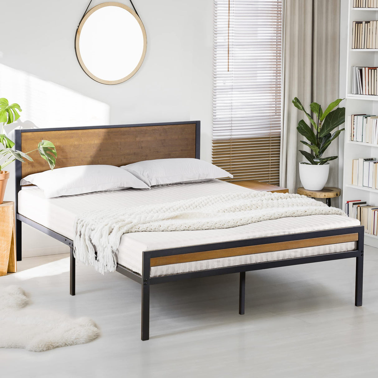 14 in Metal Platform Bed with Bamboo Headboard and Footboard, Full