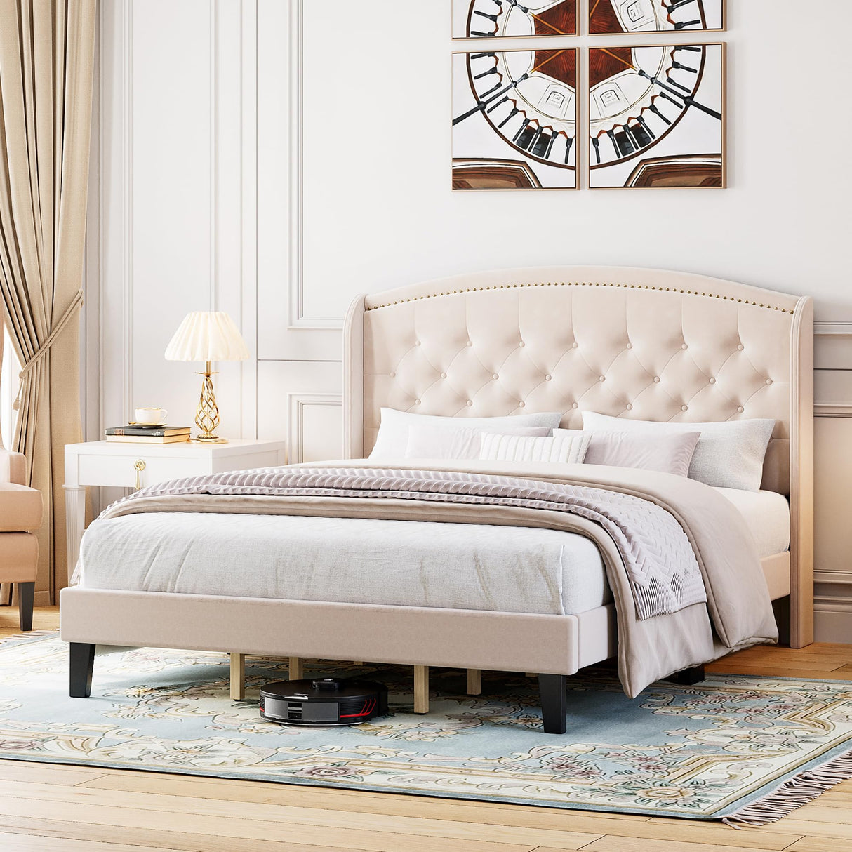 Full Size Bed Frame with Wingback Headboard, Upholstered Velvet Platform Bed