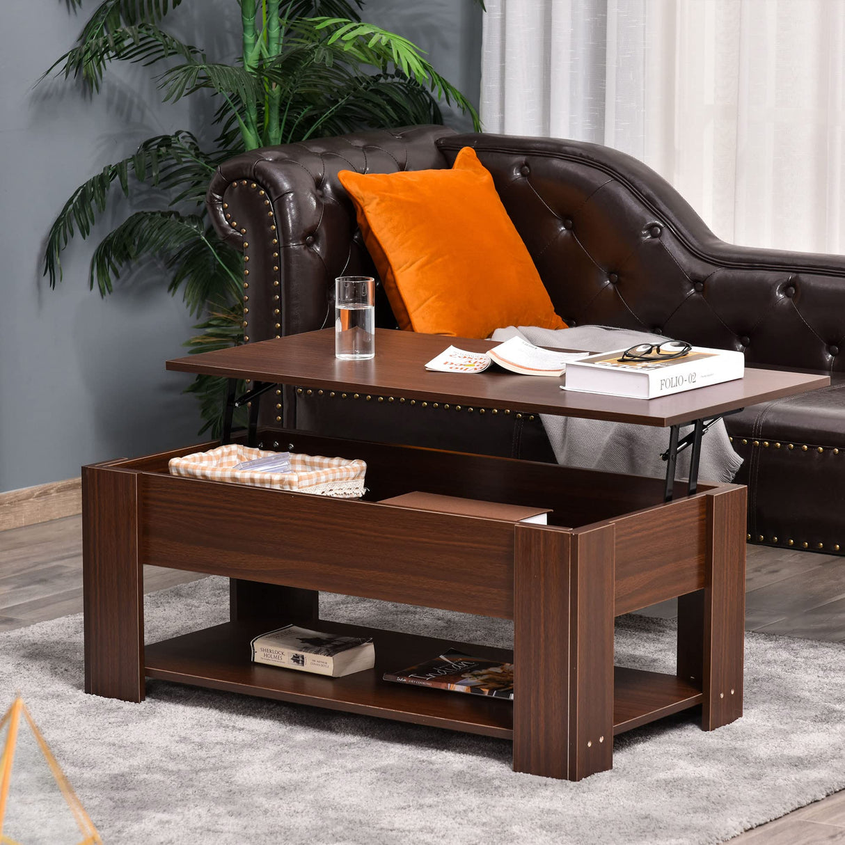 39" Lift Top Coffee Table with Hidden Storage Compartment and Open Shelf