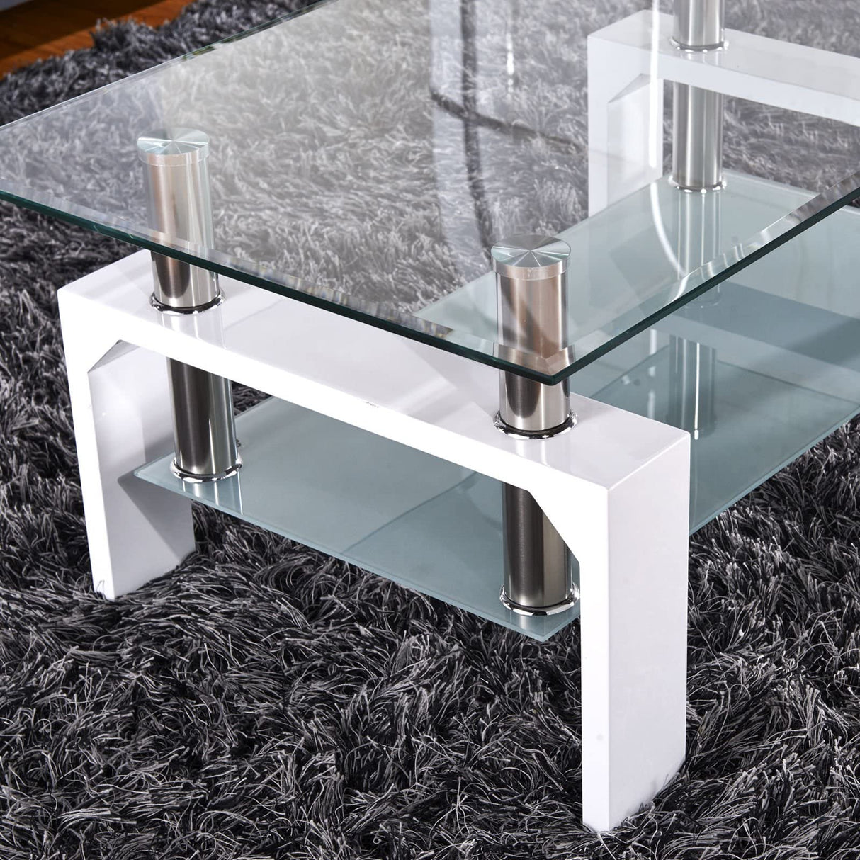 Rectangle Glass Coffee Table-White Modern Side Coffee Table with Lower Shelf Metal Legs