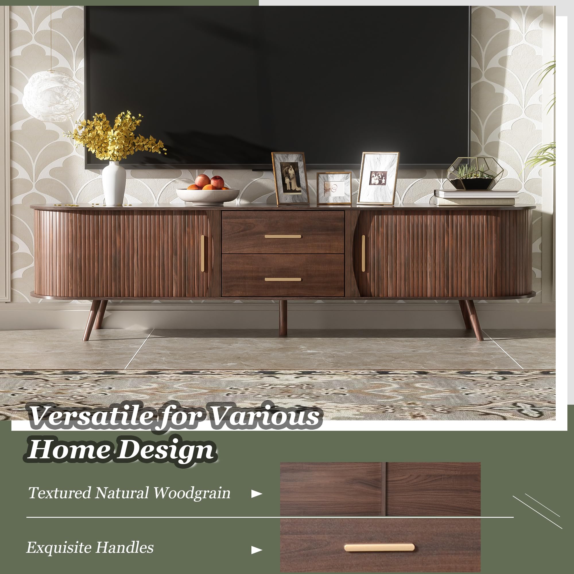 70" Fluted TV Stand with Sliding Tambour Doors - Walnut