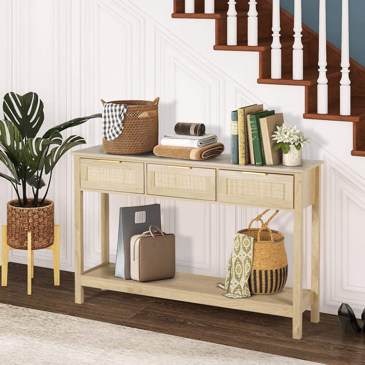 LAZZO Rattan Console Table Boho Entryway Table Narrow Long Sofa Table Hallway Foyer Table Behind Couch Table with 3 Drawers and Open Storage Shelf for Living Room and Corridor Natural Wood