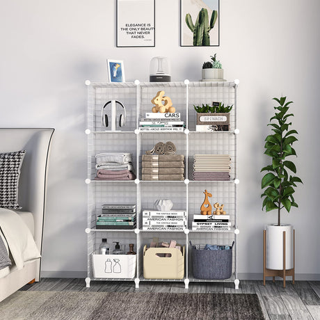 Wire Cube Storage, Metal Grids Shelves Bookshelf, Stackable Modular Shelving Organizer, DIY Closet Bookcase Bookshelf, Grid Storage Shelf for Bedroom, Living Room, Office (White, 12 Cube)