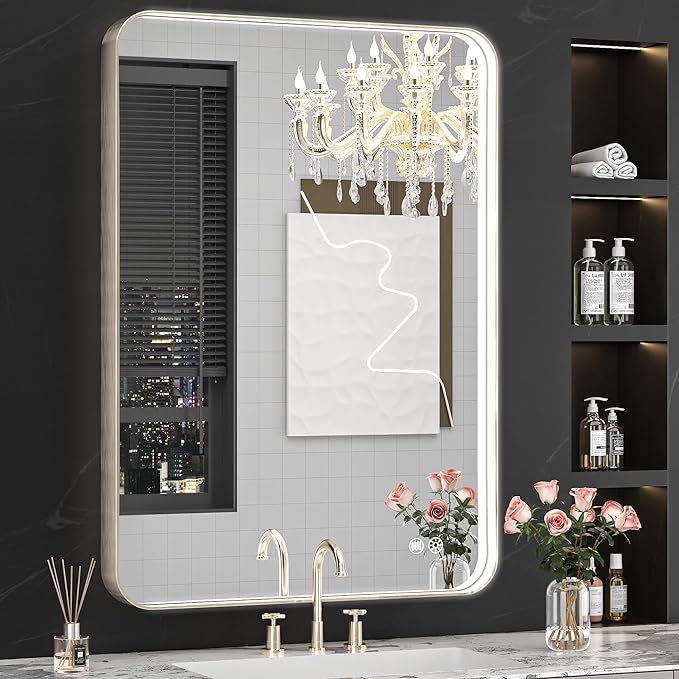 LED Bathroom Mirror with Lights, Rounded Rectangle Silver Frame Embedded