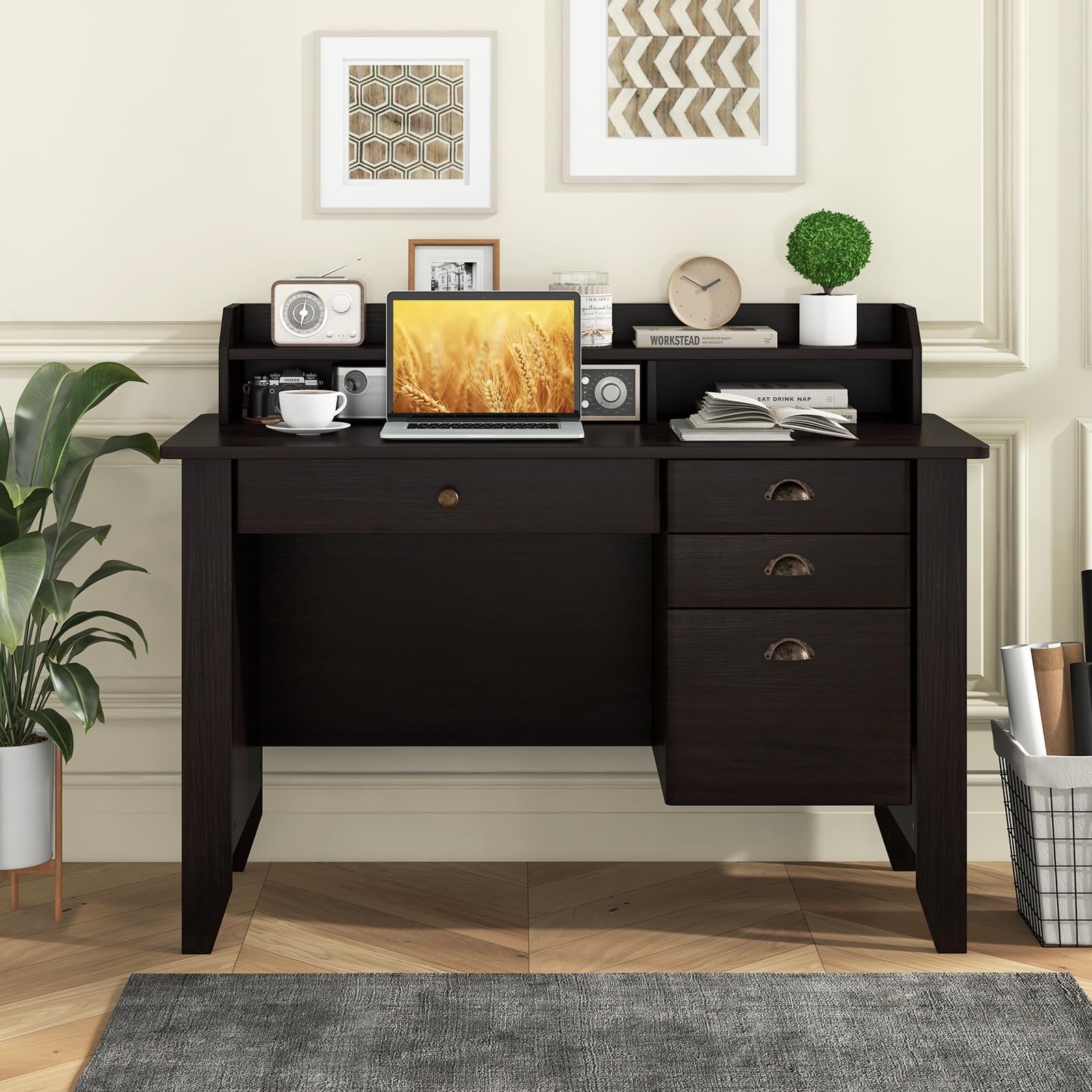 Computer Desk with 4 Storage Drawers & Hutch, Home Office Desk Vintage Desk