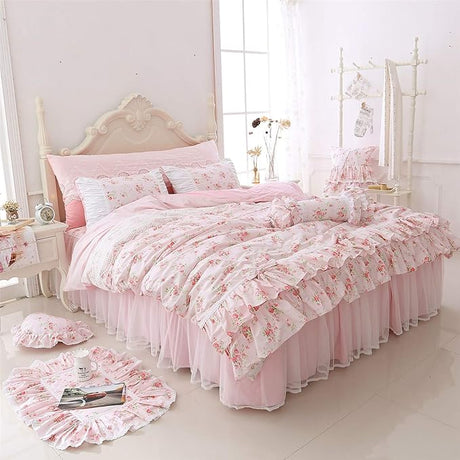 Romantic Roses Print Duvet Cover Set with Bed Skirt Pink Lace Ruffle Floral Shabby