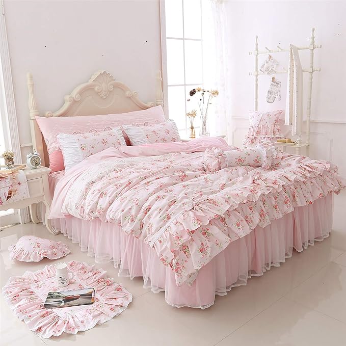 ,Romantic Flower Print Bedding Set,Floral Bed Set,Princess Lace Ruffle Duvet Cover King