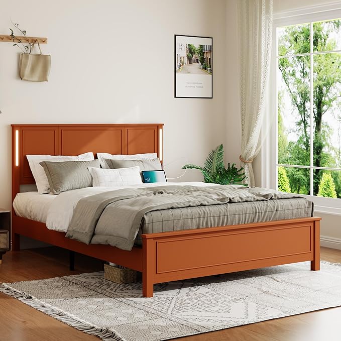 Wooden Bed Frame Queen Size with Headboard, Farmhouse Platform Bedframe