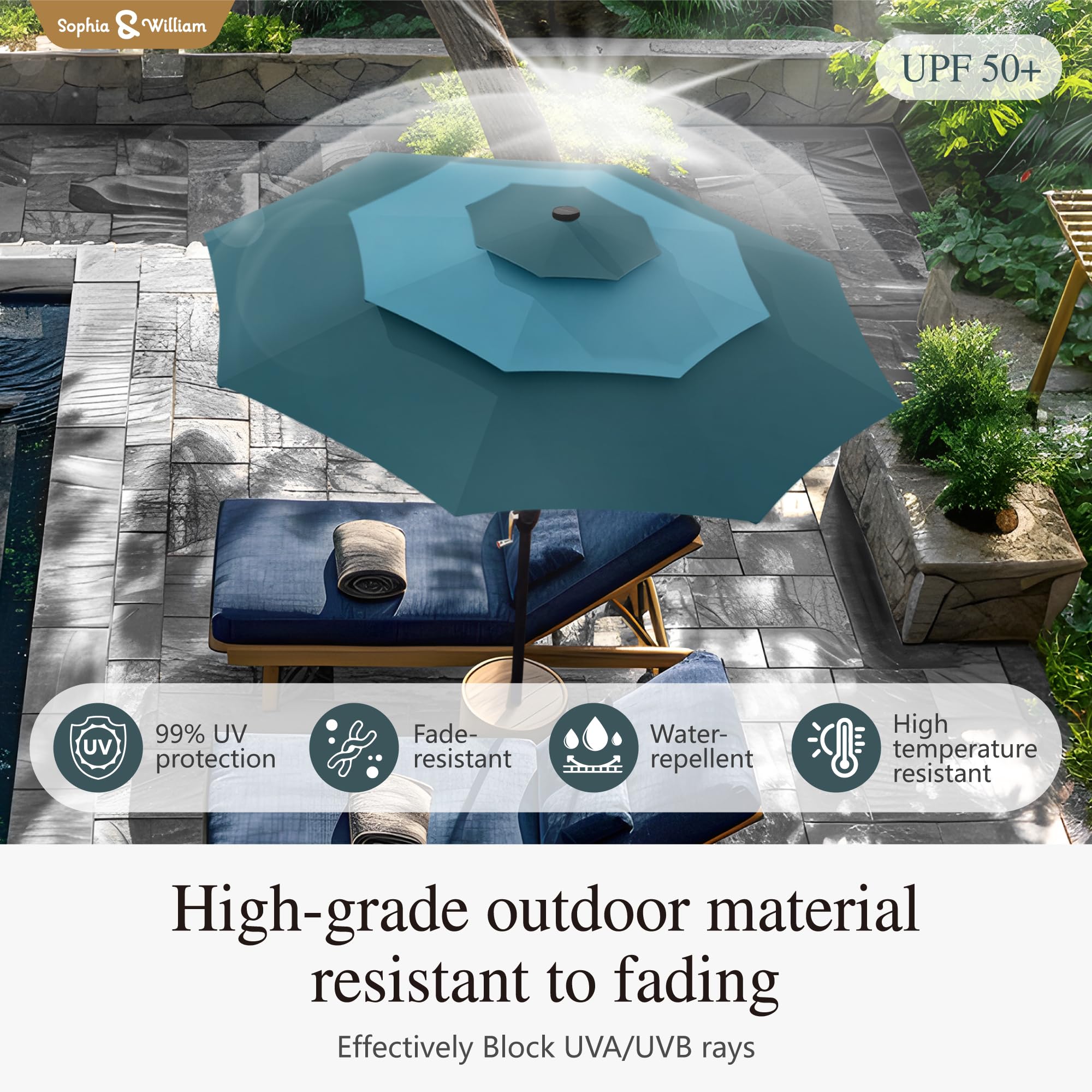 Sophia & William 10ft Patio Umbrellas 3-Tier Umbrella Outdoor Patio Umbrellas with Lights Vented Top 24 LED lights Adjustable Tilt for Pool Garden Backyard, Mixed Peacock