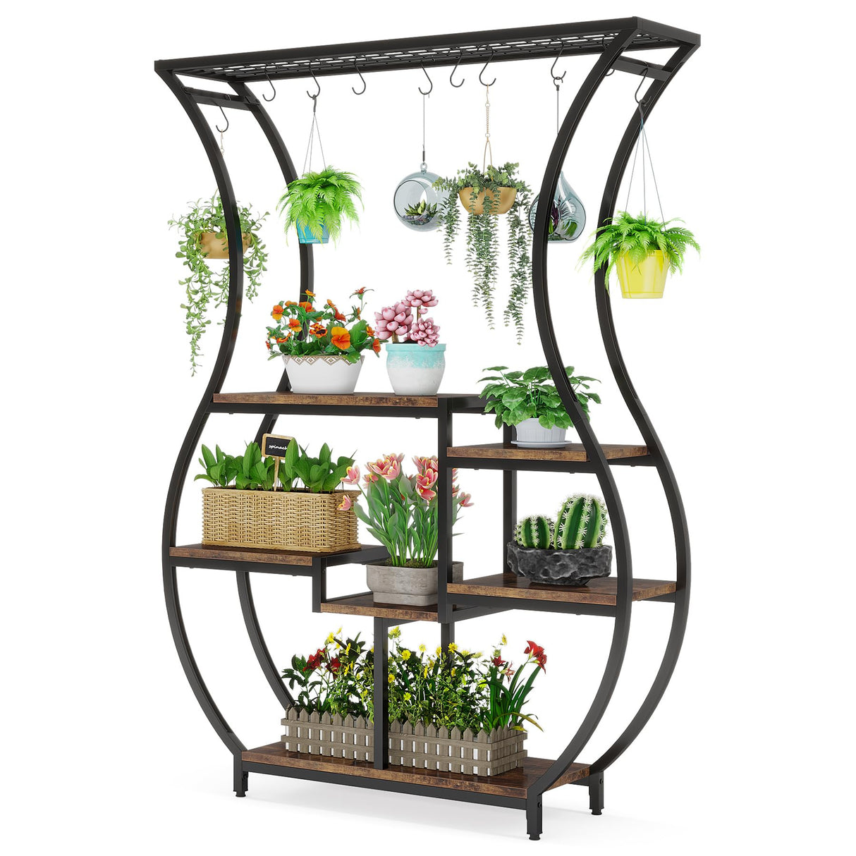 6-Tier Plant Stand, 70.9 Inch Tall Plant Shelf with 10 Hanging Hooks, Vase Shape