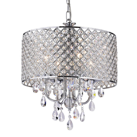 4-Lights Chrome Round Crystal Chandelier Ceiling Fixture | Beaded Drum Shade