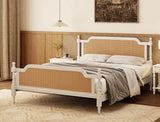 Queen Platform Bed Frame with Rattan Headboard - Traditional Pine Wood