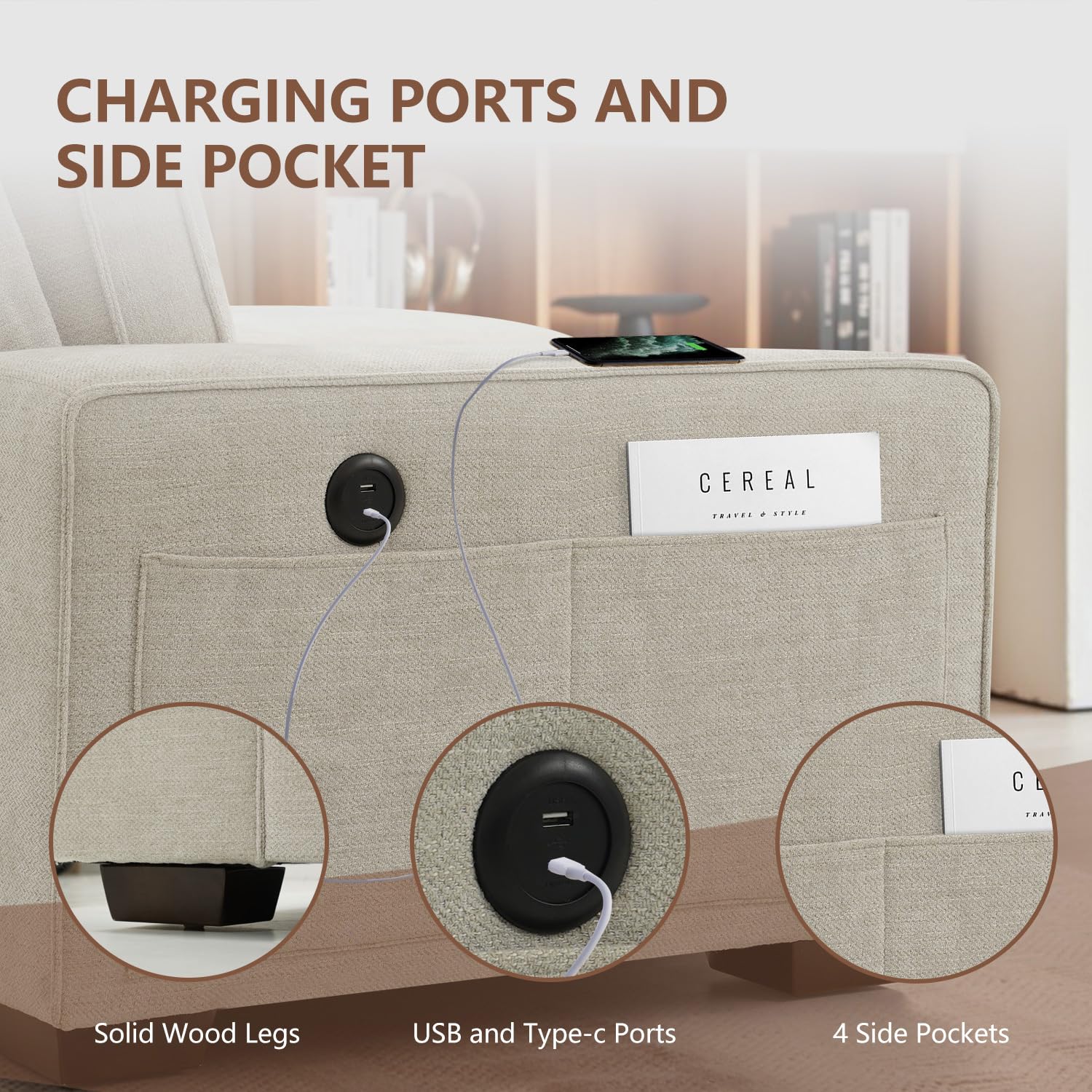 ASHOMELI 99″ Convertible Sectional Sofa with USB & Type-C Charging, Reversible L-Shaped Couch