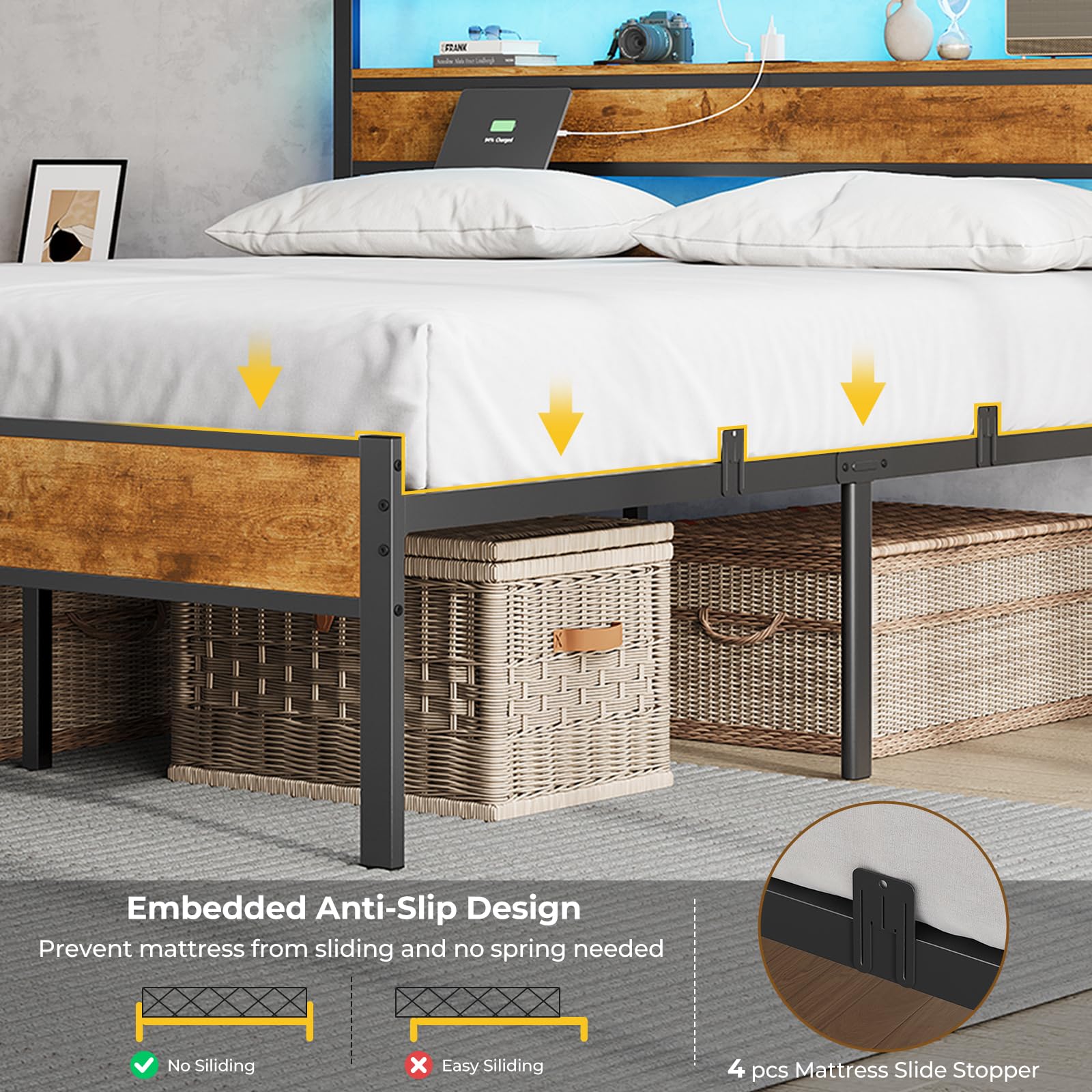 Full Bed Frame with LED Lights & Charging Station
