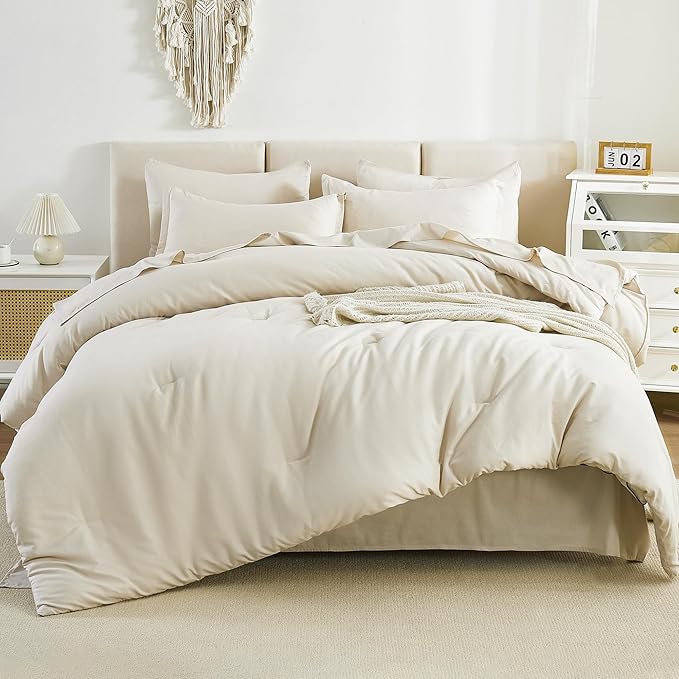 California King Comforter Set Beige - 7 Pieces Bed in a Bag Cal King Beddding Comforter