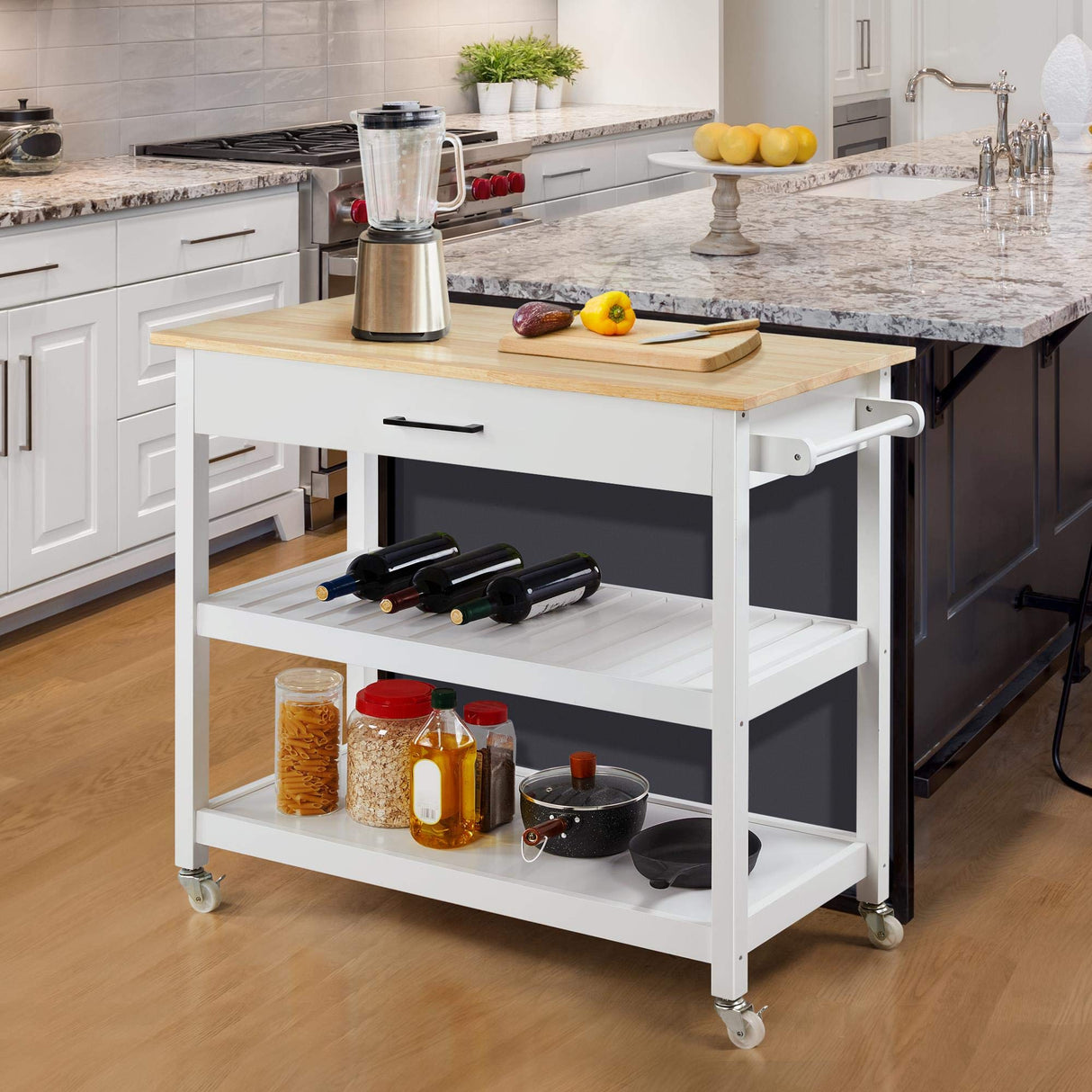 Kitchen Island Cart on Wheels, 3 Tiers Rolling Utility Cart with Solid Wood