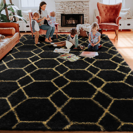 arge Fluffy Area Rug for Living Room Bedroom, 5x8 Black and Gold Rug,