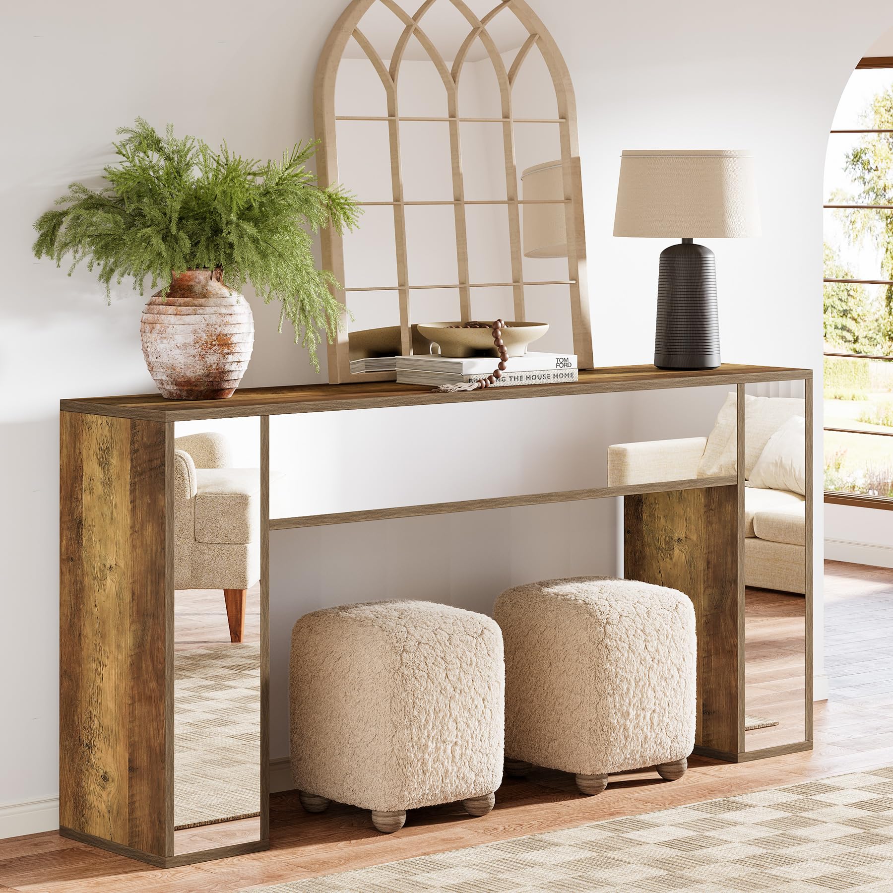 63-Inch Mirrored Console Table for Entryway, Farmhouse Wood Sofa Table Behind Couch