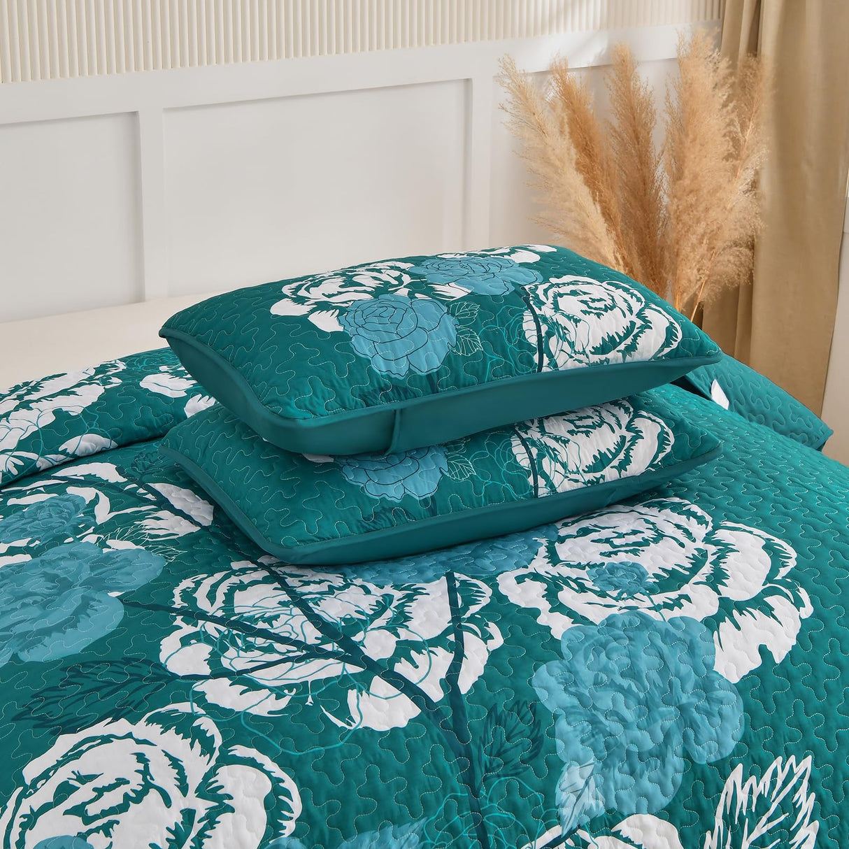 Quilt Set Queen Size, 3 Pieces Teal Floral Bedspread Coverlet Set