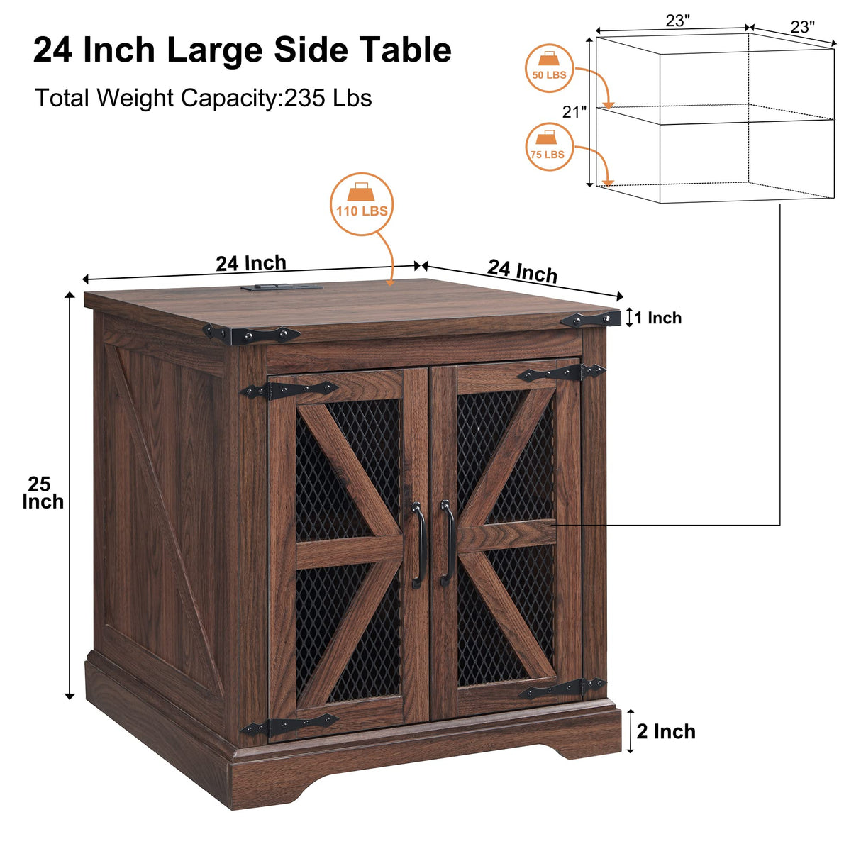 Farmhouse End Table, 24" Large Sofa Side Table with Charging Station, Mesh Barn Door