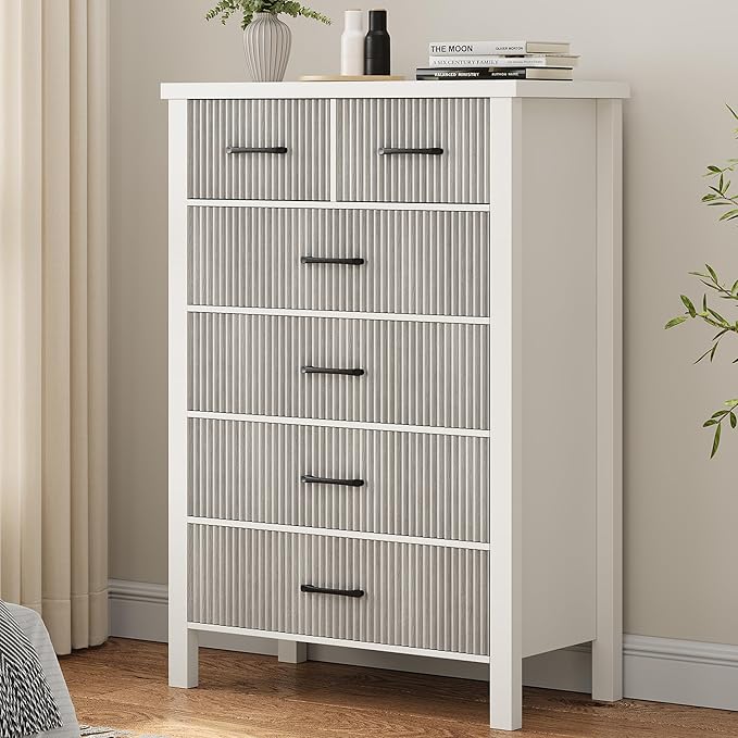 White Dresser 7 Drawer Dresser for Bedroom, Modern Fluted Dresser with Solid Wood