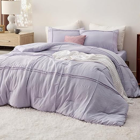 King Comforter Set with Sheet - 4 Pieces Soft Beige Bedding Sets, Grid Pinch Pleat