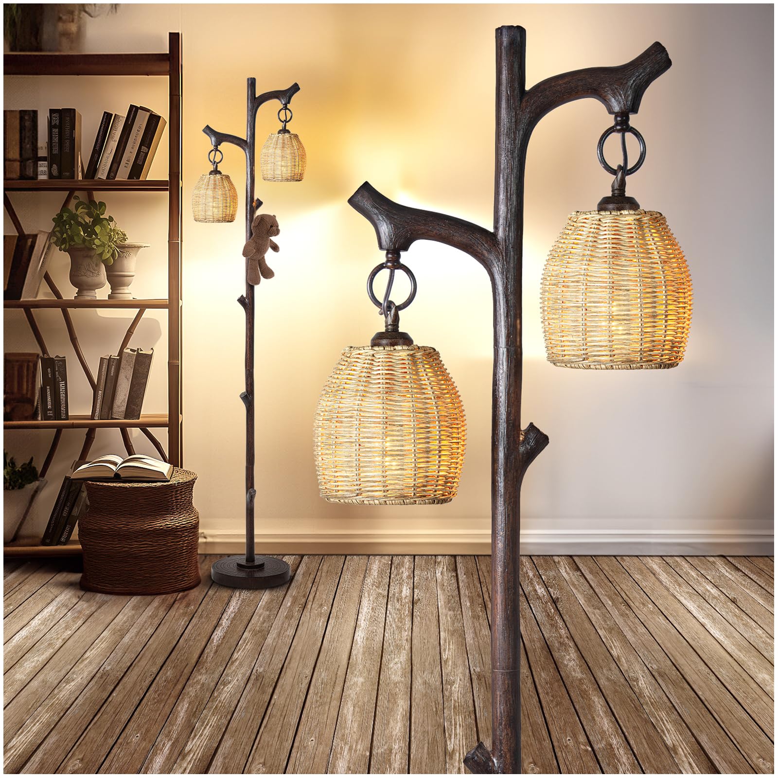 Farmhouse Floor Lamp – 68” Rustic Tree Trunk Lamp with Wicker Drum Shades