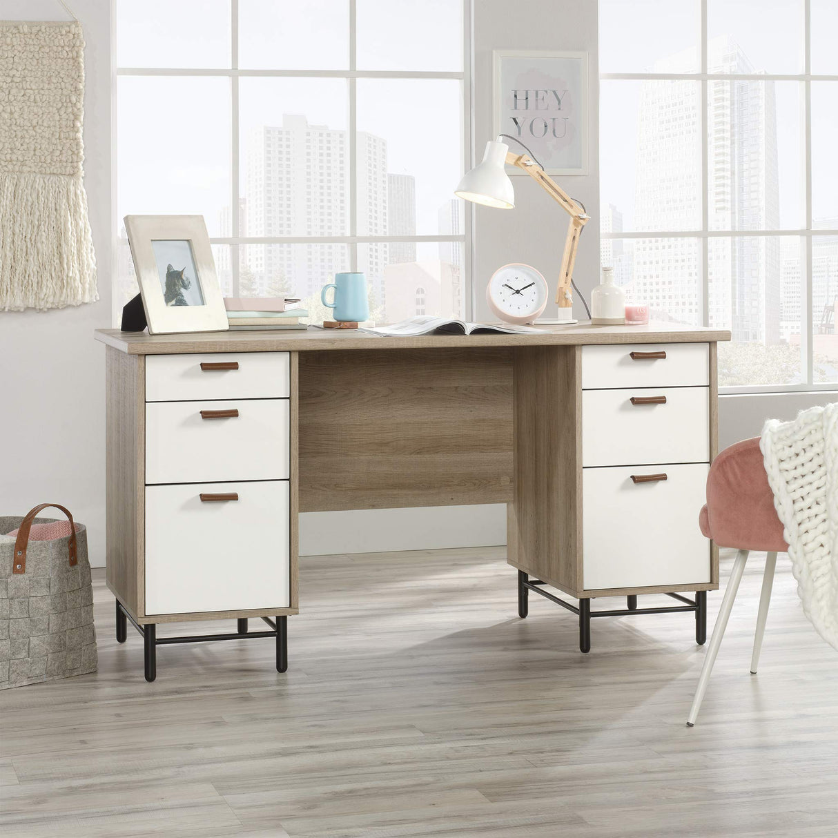 Anda Norr Executive Desk, L: 56.3" x W: 22.13" x H: 29.53", Sky Oak Finish