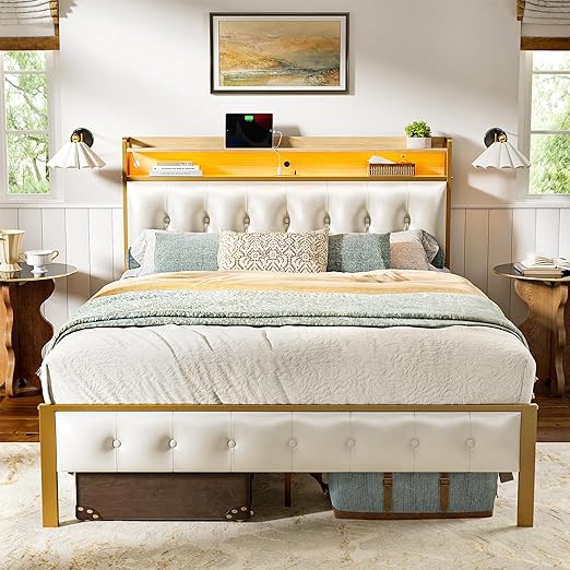 Bed Frame Queen Size with Storage Headboard Platform Bed Frame