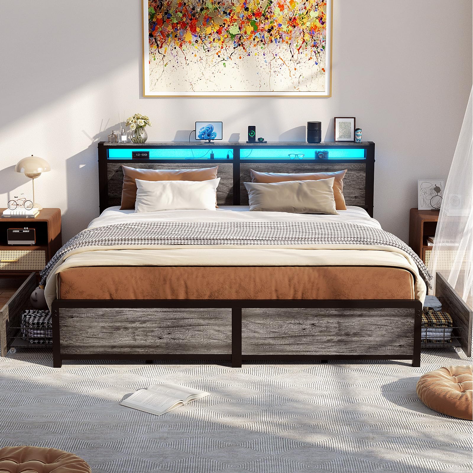 King Size Bed Frame with Storage Drawers and Charging Station