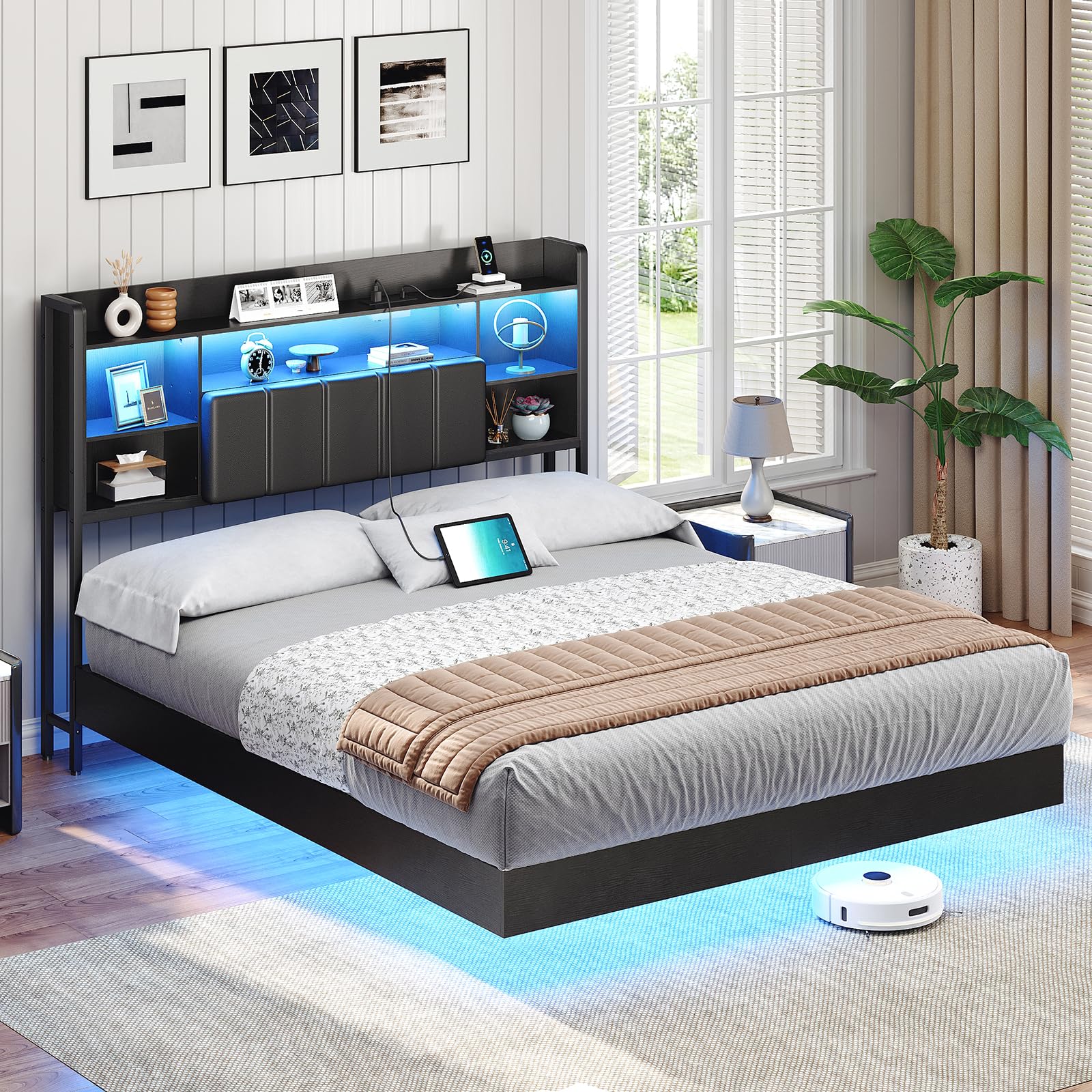 Queen Floating Bed Frame with LED Lights & Charging Station