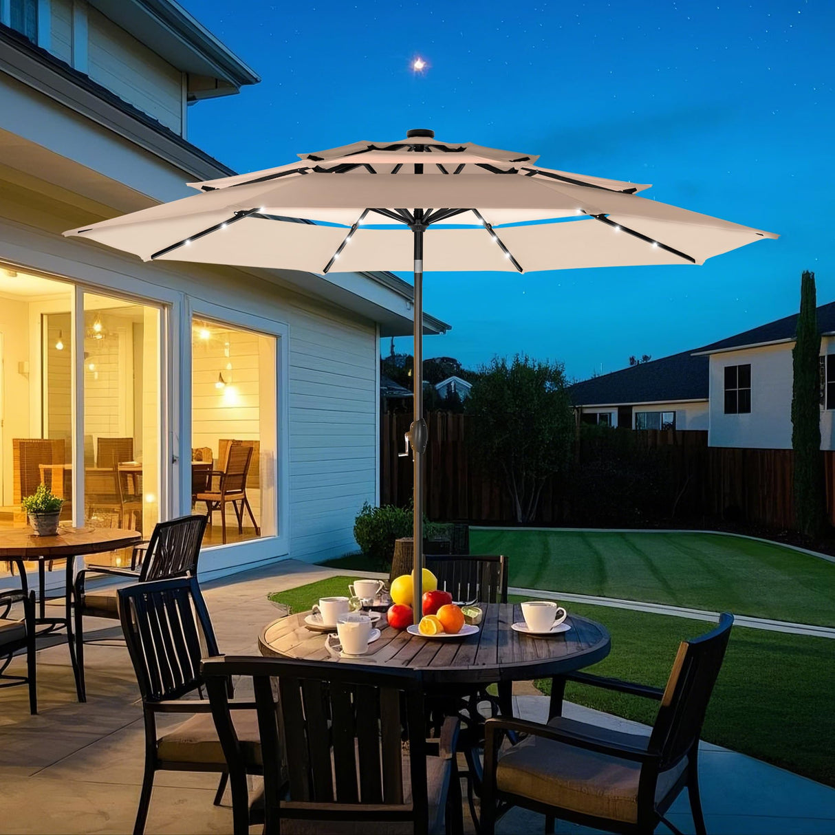 MFSTUDIO 10ft 3 Tier Solar Patio Umbrella, Outdoor Market Umbrellas with 24 LED Lights, Auto-tilt, Sun Shade for for Backyard Deck Garden, Blue & Green