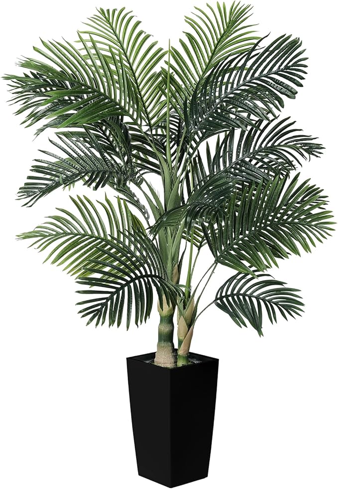 Artificial Golden Cane Palm Tree 5ft - Fake Palm Tree with White Tall Planter
