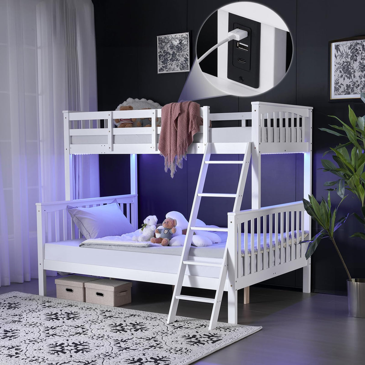 Bunk Bed Twin Over Full Size with LED Light/USB Port/15’’ Extra Tall Safety Guardrails