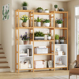 Bamboo Shelf Bookcase, Triple Wide Bookshelf with 4 Cubes & 9 Shelves, Large Bookshelf with Storage, Plant Shelf Bathroom Shelf Pantry Shelf Standing Organizer Unit, Natural